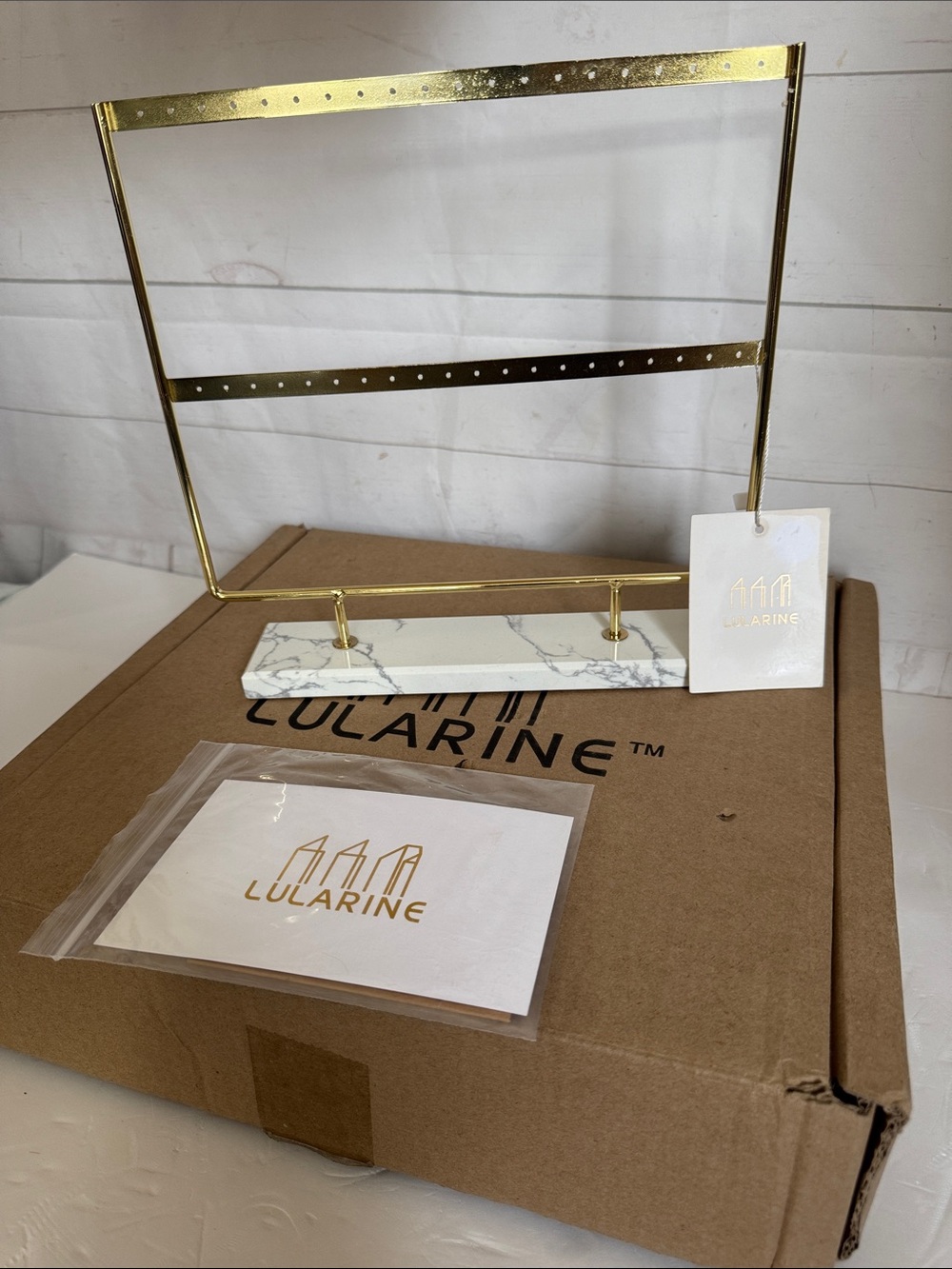 Lularine Gold and White Marble Earring Stand Jewelry Organizer